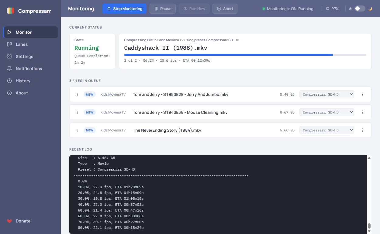 Compressarr's Monitor page in a browser: a sidebar down the left, a toolbar showing monitoring state and CPU, the file currently encoding with its lane, preset and progress, and the queue of files waiting behind it.