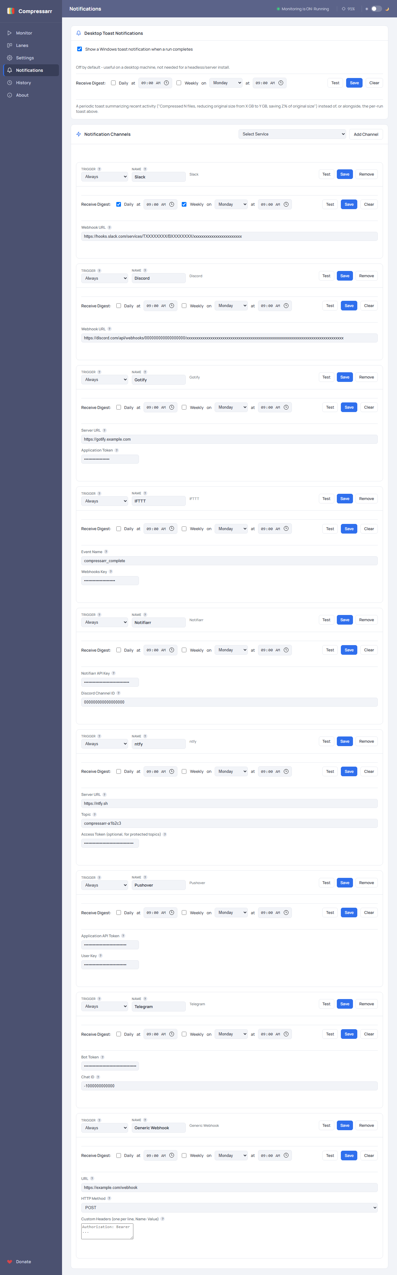 Notifications page: a Windows toast toggle, then a list of notification channels — generic webhook, Discord, Slack and others — each with a trigger, a name, and Test, Save and Remove buttons.