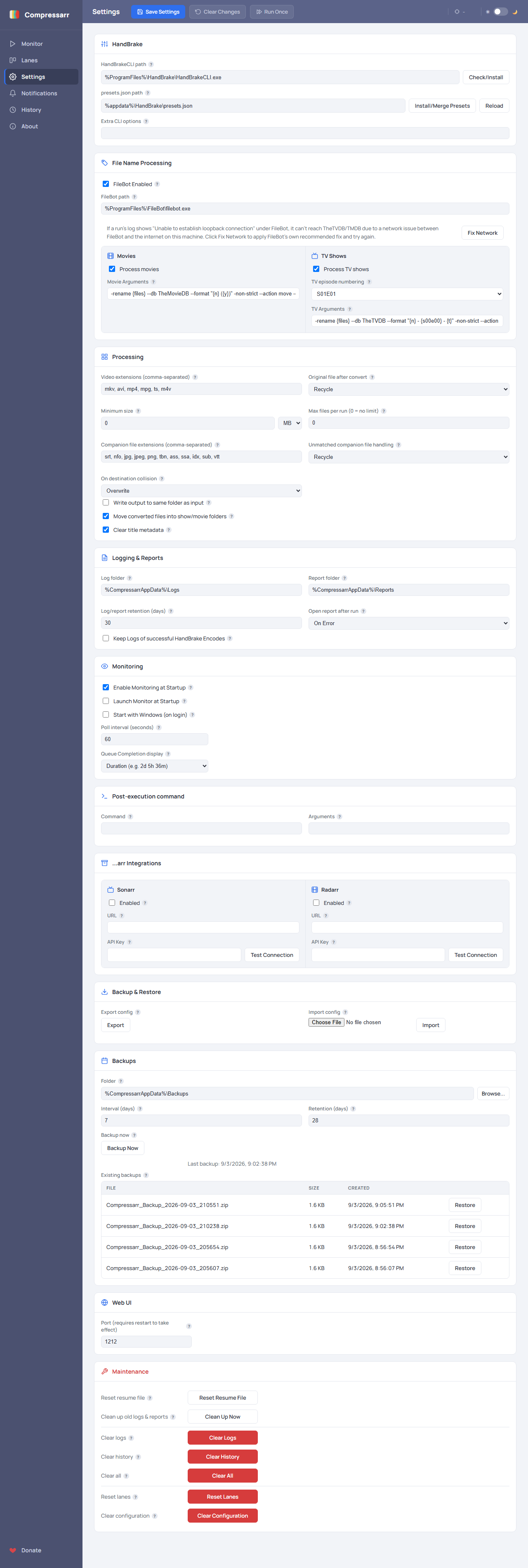 Settings page: HandBrake paths, file handling, destination behaviour, logging and reports, monitoring and startup options, backups, and Sonarr and Radarr integration.